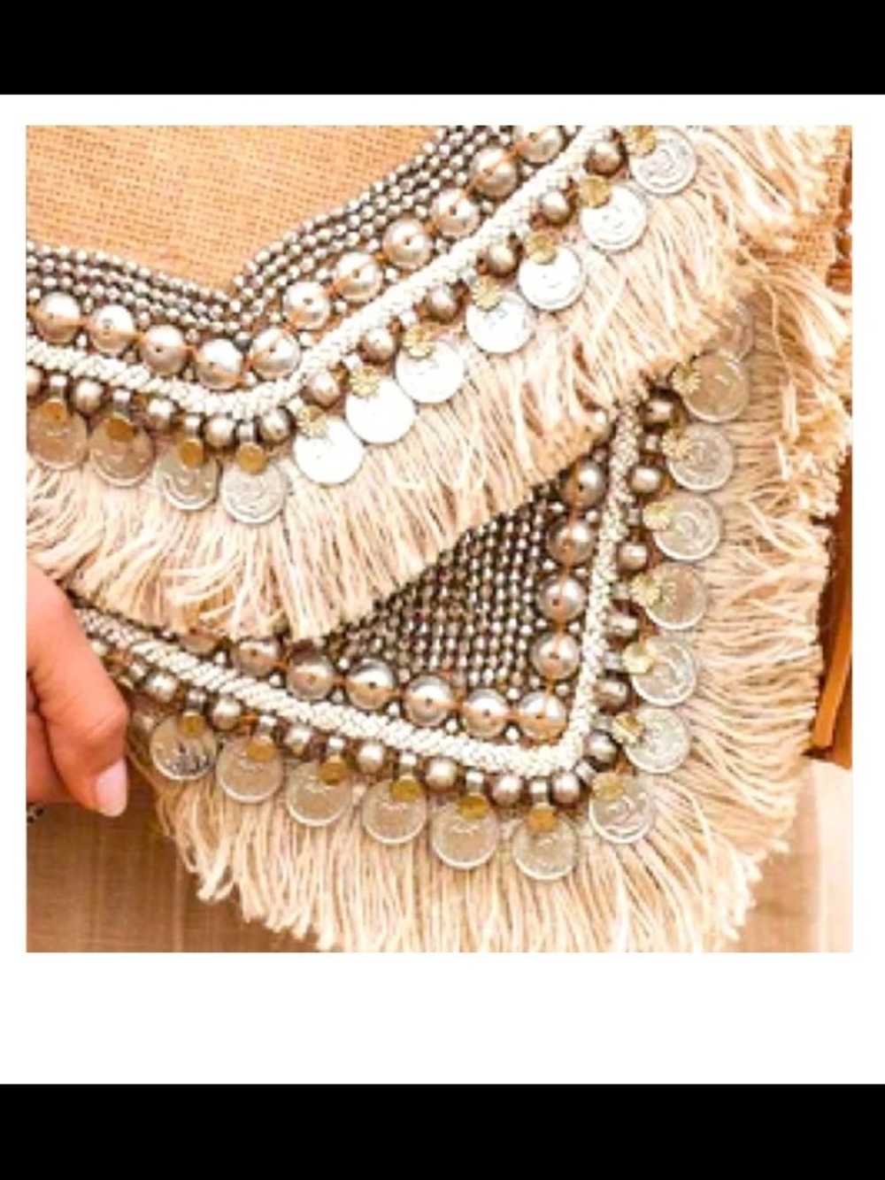 Bohemian Fringe Coin Embellished Clutch - Beige - Picture 2 of 3